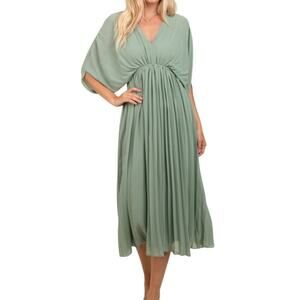 Dress Day V-Neck Pleated Midi Dress in Green, Size L​​